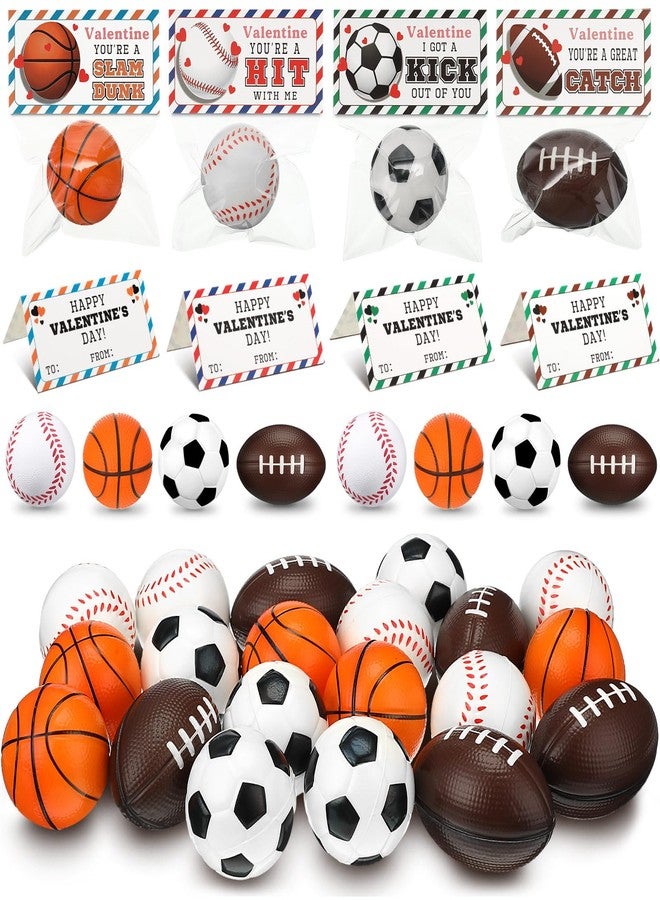 Resurhang 24 Sets Valentine Sports Party Favors 2.36'' Mini 4 Styles Squeeze Stress Balls Decorative Treat Bags Valentine's Day Cookie Bag Topper for DIY Birthday Anxiety Relief Relaxation - Image 1